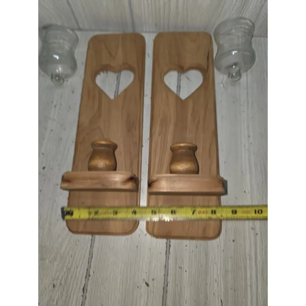 Vintage 90s Wood Heart Sconce Set W/Clear Ruffled Votives Cottagecore Heritage
